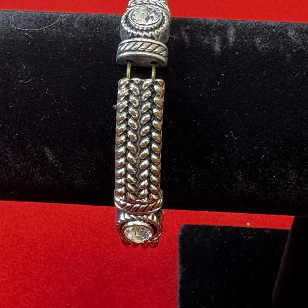 Silver Tone Elastic Braided Bracelet With Faux Diamonds‎